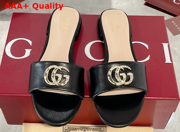 Gucci Womens Slide Sandal with Double G Black Leather Replica