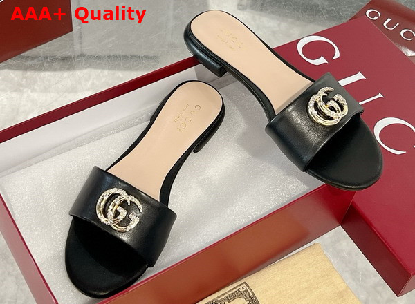 Gucci Womens Slide Sandal with Double G Black Leather Replica