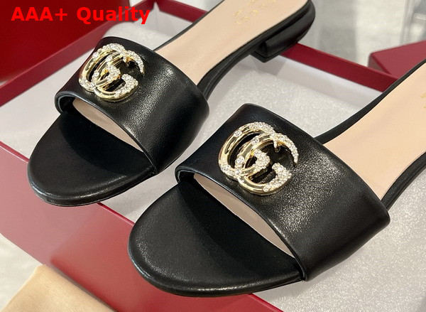 Gucci Womens Slide Sandal with Double G Black Leather Replica