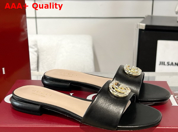 Gucci Womens Slide Sandal with Double G Black Leather Replica