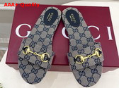 Gucci Womens Slide Sandal with Horsebit Beige and Blue GG Canvas 835828 Replica