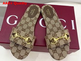 Gucci Womens Slide Sandal with Horsebit Beige and Dark Brown GG Canvas 835828 Replica