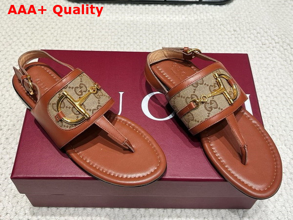 Gucci Womens Thong Sandal with Horsebit in Light Brown Leather and Original GG Canvas 834431 Replica