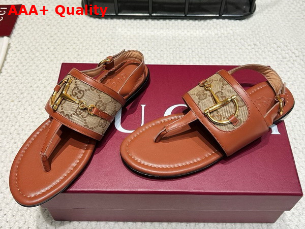 Gucci Womens Thong Sandal with Horsebit in Light Brown Leather and Original GG Canvas 834431 Replica