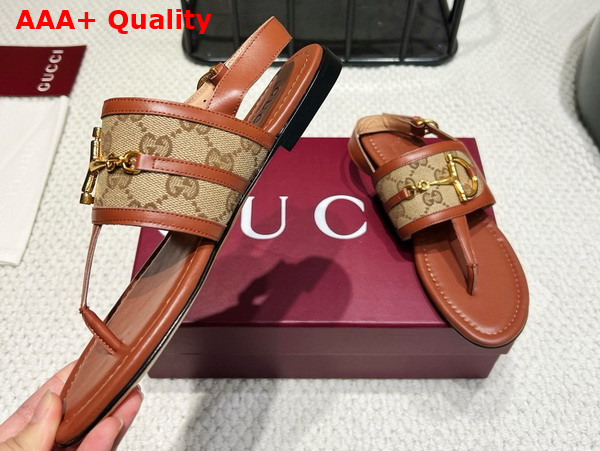 Gucci Womens Thong Sandal with Horsebit in Light Brown Leather and Original GG Canvas 834431 Replica