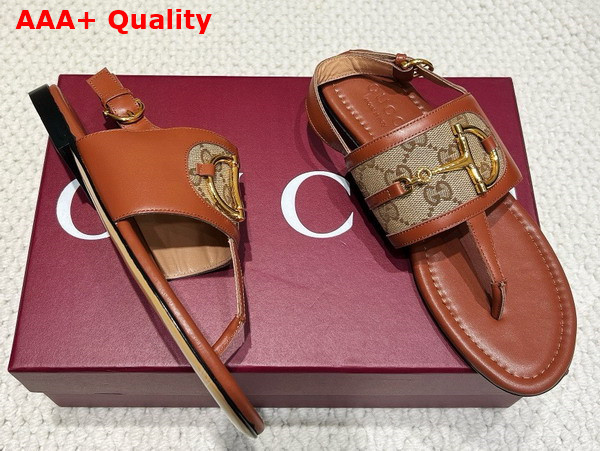 Gucci Womens Thong Sandal with Horsebit in Light Brown Leather and Original GG Canvas 834431 Replica