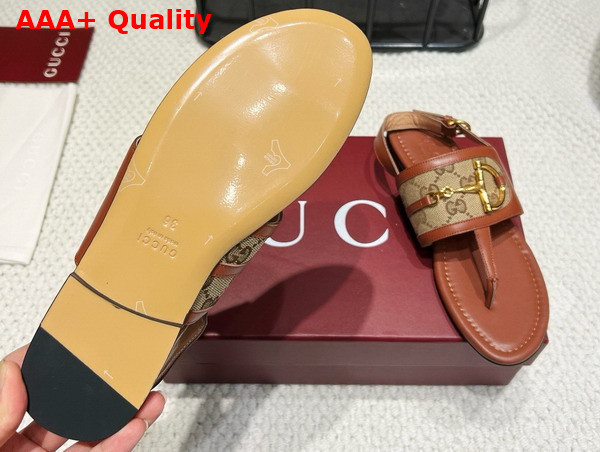 Gucci Womens Thong Sandal with Horsebit in Light Brown Leather and Original GG Canvas 834431 Replica