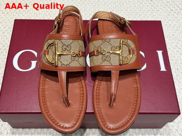 Gucci Womens Thong Sandal with Horsebit in Light Brown Leather and Original GG Canvas 834431 Replica