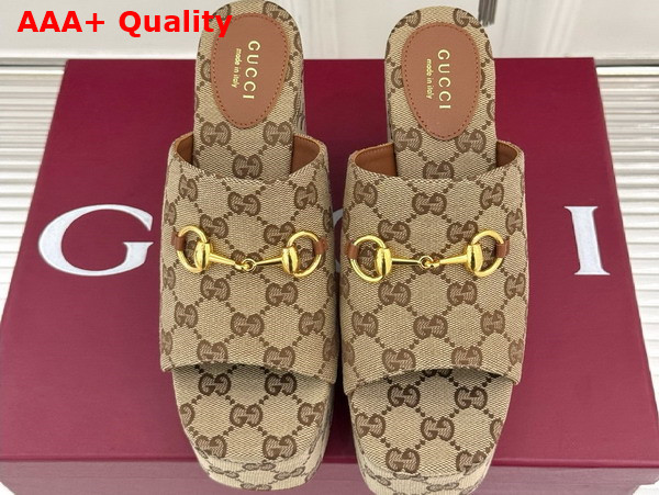 Gucci Womens Wedge Sandal with Horsebit Beige and Dark Brown GG Canvas 816328 Replica