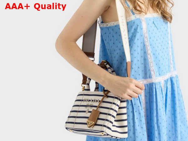 Prada Jardiniere Striped Cotton Canvas Mini Bag Ivory Blue 1BA038 Replica