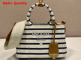 Prada Jardiniere Striped Cotton Canvas Mini Bag Ivory Blue 1BA038 Replica
