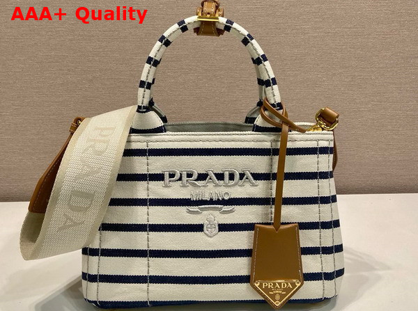 Prada Jardiniere Striped Cotton Canvas Mini Bag Ivory Blue 1BA038 Replica