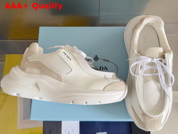 Prada Systeme Brushed Leather Sneakers with Bike Fabric and Suede Elements White 2EG424 Replica